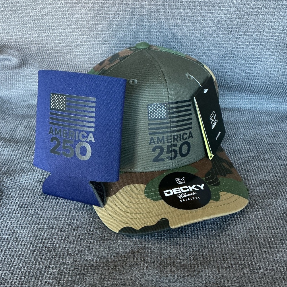 Camoflauge Trucker Hat & Koozie America 250 - discreet black graphic - w/ flag